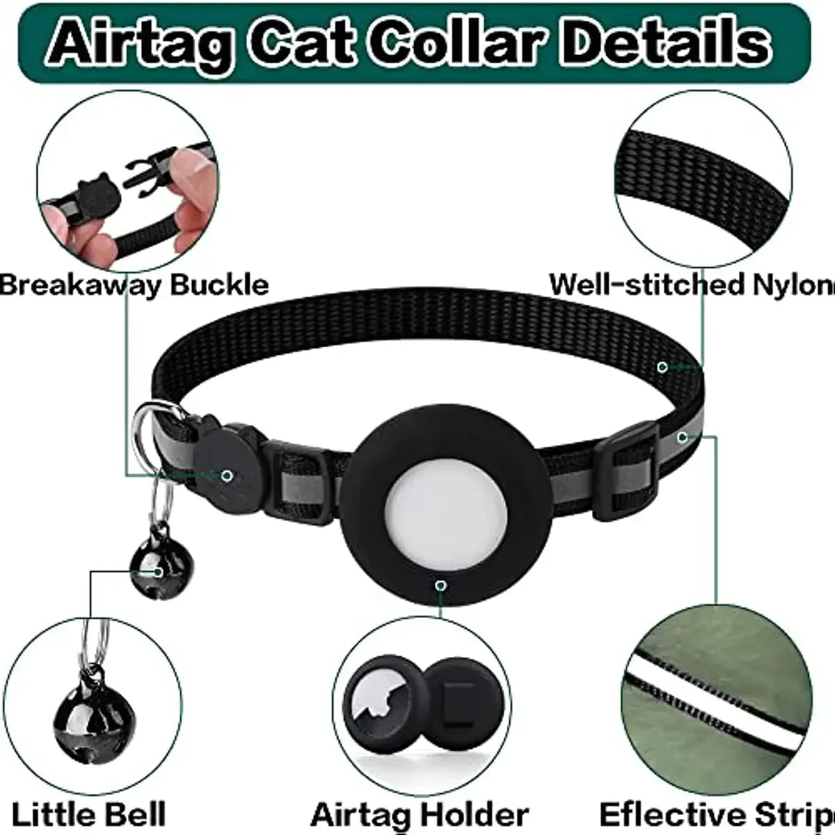 Airtag Cat Collar with Apple Airtag compatibility, featuring a stylish animal print design, reflective material for night visibility, breakaway buckle for pet safety, personalized name tag options, and quick-release mechanism for easy wear – ideal for real-time GPS tracking and cat safety.