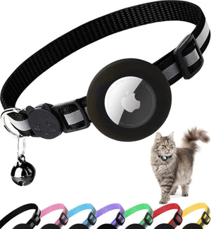 Airtag Cat Collar with Apple Airtag compatibility, featuring a stylish animal print design, reflective material for night visibility, breakaway buckle for pet safety, personalized name tag options, and quick-release mechanism for easy wear – ideal for real-time GPS tracking and cat safety.