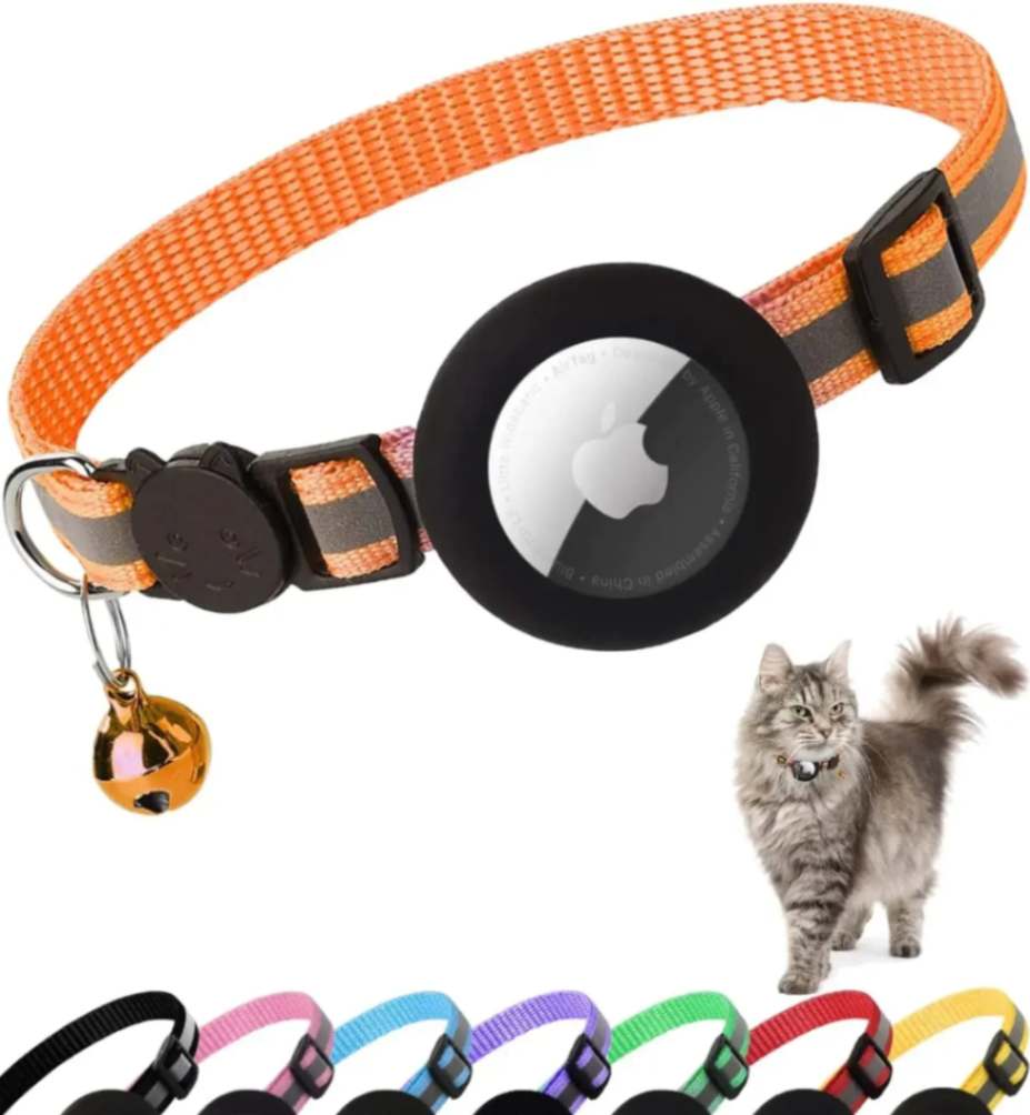 Airtag Cat Collar with Apple Airtag compatibility, featuring a stylish animal print design, reflective material for night visibility, breakaway buckle for pet safety, personalized name tag options, and quick-release mechanism for easy wear – ideal for real-time GPS tracking and cat safety.