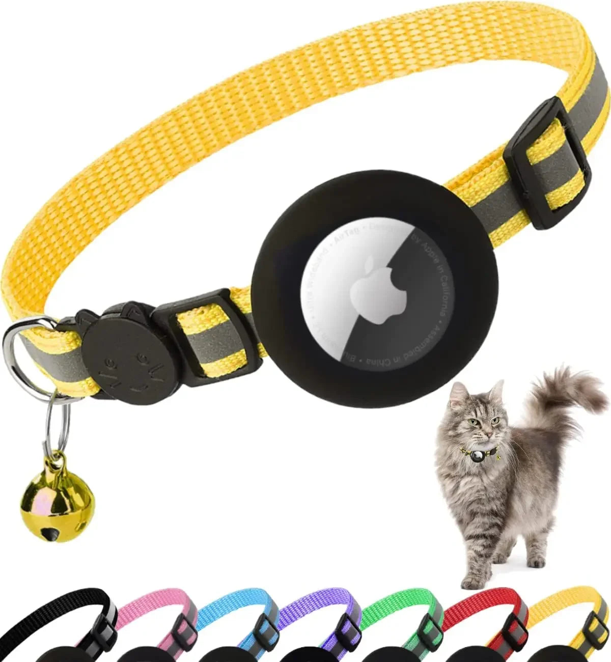 Airtag Cat Collar with Apple Airtag compatibility, featuring a stylish animal print design, reflective material for night visibility, breakaway buckle for pet safety, personalized name tag options, and quick-release mechanism for easy wear – ideal for real-time GPS tracking and cat safety.