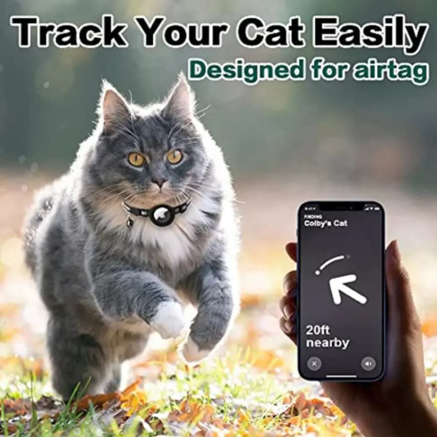 Airtag Cat Collar with Apple Airtag compatibility, featuring a stylish animal print design, reflective material for night visibility, breakaway buckle for pet safety, personalized name tag options, and quick-release mechanism for easy wear – ideal for real-time GPS tracking and cat safety.