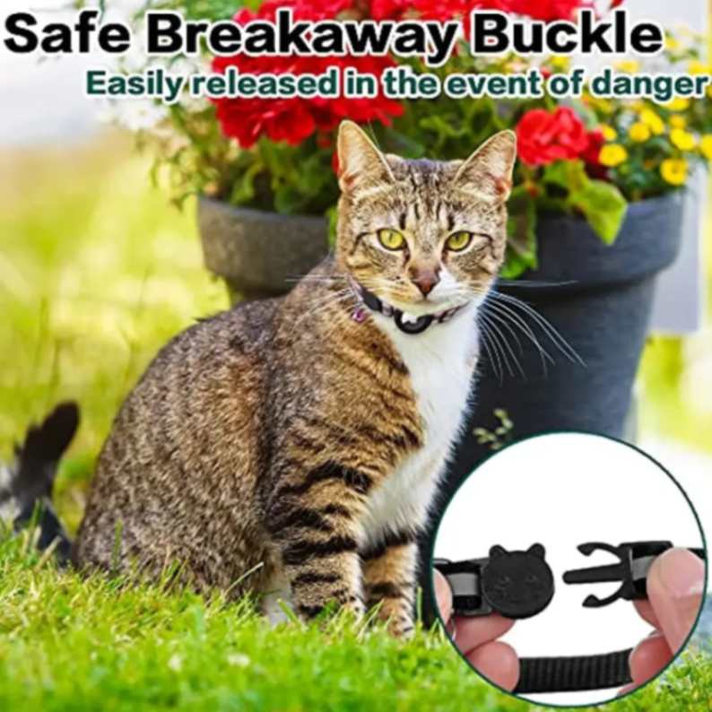 Airtag Cat Collar with Apple Airtag compatibility, featuring a stylish animal print design, reflective material for night visibility, breakaway buckle for pet safety, personalized name tag options, and quick-release mechanism for easy wear – ideal for real-time GPS tracking and cat safety.