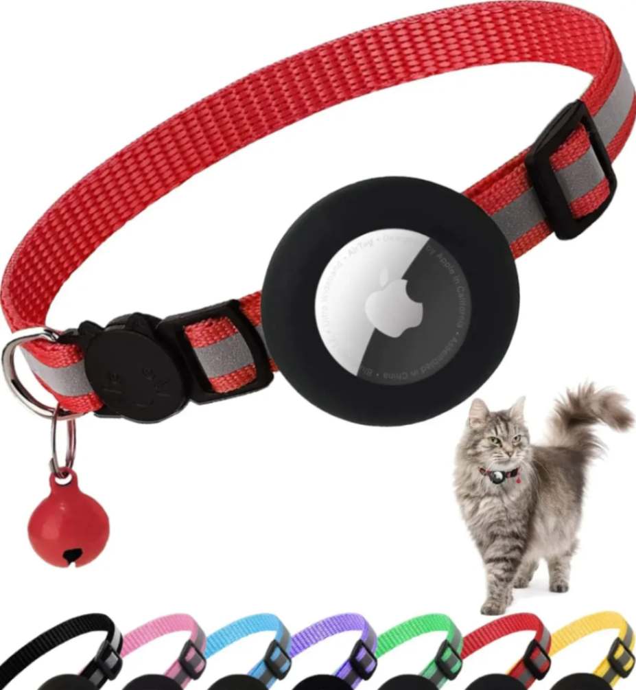 Airtag Cat Collar with Apple Airtag compatibility, featuring a stylish animal print design, reflective material for night visibility, breakaway buckle for pet safety, personalized name tag options, and quick-release mechanism for easy wear – ideal for real-time GPS tracking and cat safety.