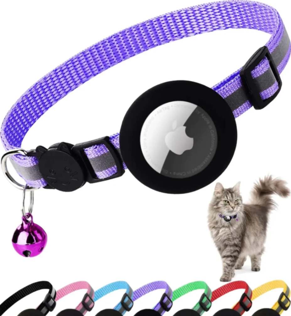 Airtag Cat Collar with Apple Airtag compatibility, featuring a stylish animal print design, reflective material for night visibility, breakaway buckle for pet safety, personalized name tag options, and quick-release mechanism for easy wear – ideal for real-time GPS tracking and cat safety.