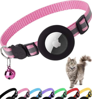 Airtag Cat Collar with Apple Airtag compatibility, featuring a stylish animal print design, reflective material for night visibility, breakaway buckle for pet safety, personalized name tag options, and quick-release mechanism for easy wear – ideal for real-time GPS tracking and cat safety.