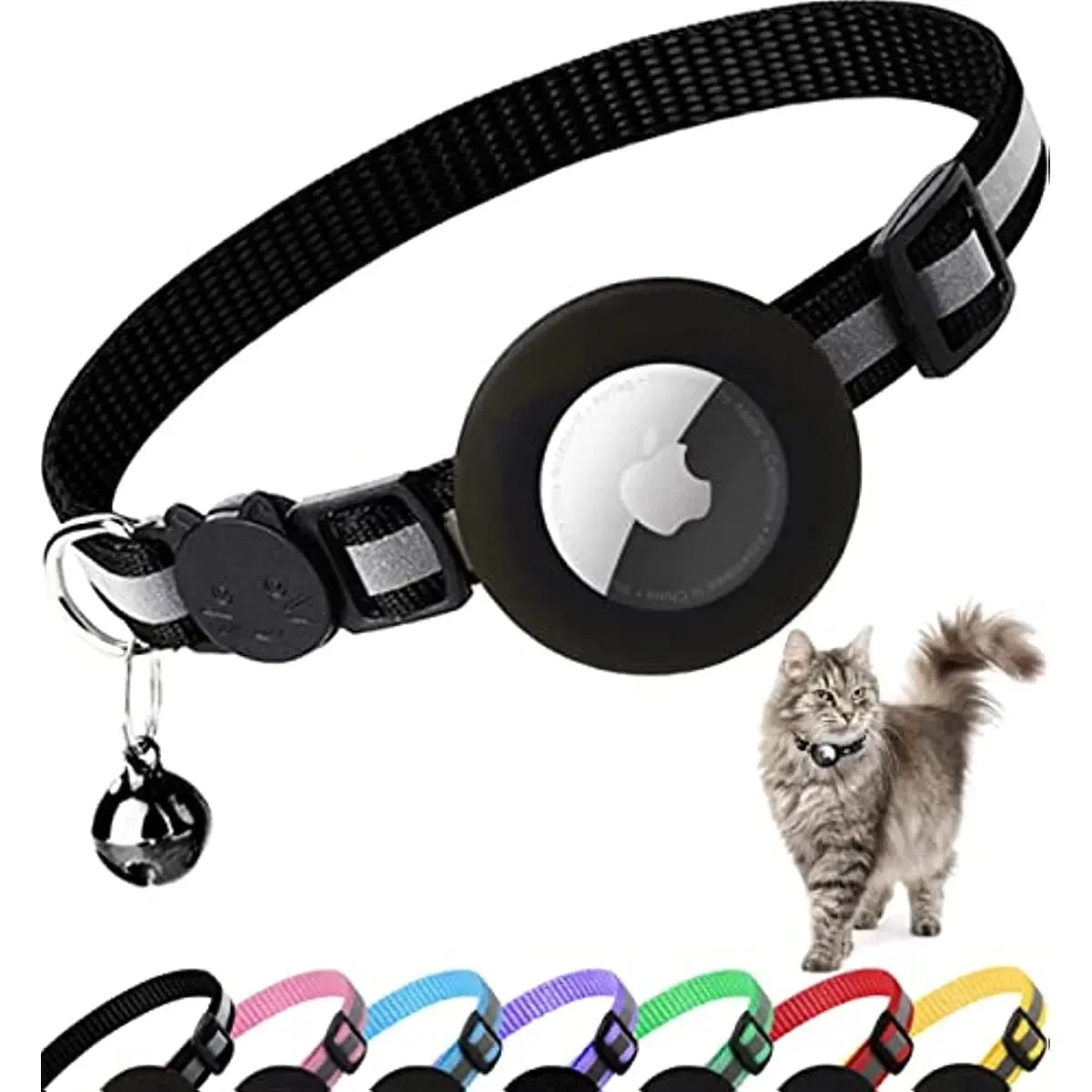 Airtag Cat Collar with Apple Airtag compatibility, featuring a stylish animal print design, reflective material for night visibility, breakaway buckle for pet safety, personalized name tag options, and quick-release mechanism for easy wear – ideal for real-time GPS tracking and cat safety.