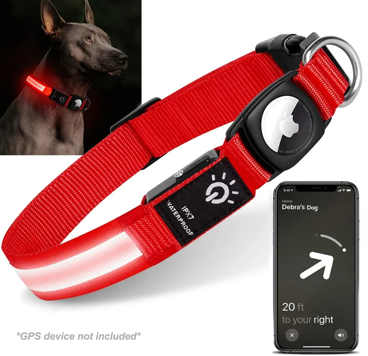 Abound AirTag Dog Collar - Waterproof LED luminous collar with Apple AirTag holder, durable nylon material, adjustable sizing for small, medium, and large dogs, USB rechargeable for 12-hour glow, perfect for GPS tracking and nighttime safety.