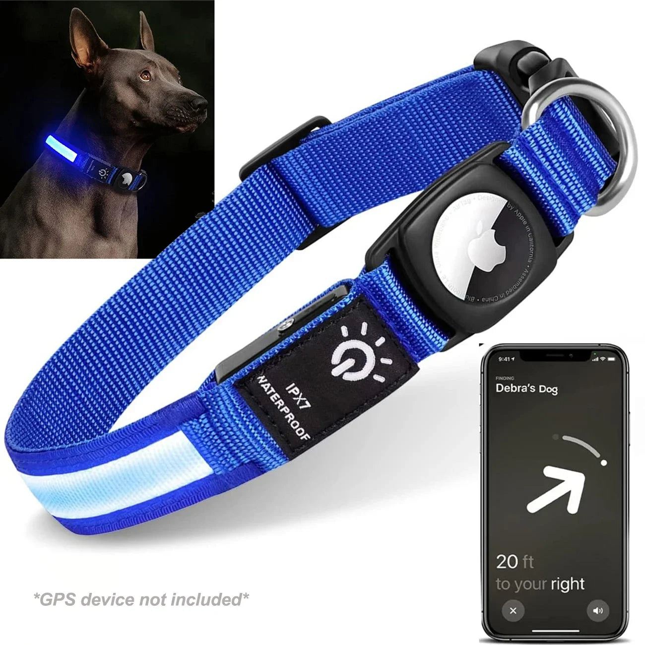 Abound AirTag Dog Collar - Waterproof LED luminous collar with Apple AirTag holder, durable nylon material, adjustable sizing for small, medium, and large dogs, USB rechargeable for 12-hour glow, perfect for GPS tracking and nighttime safety.