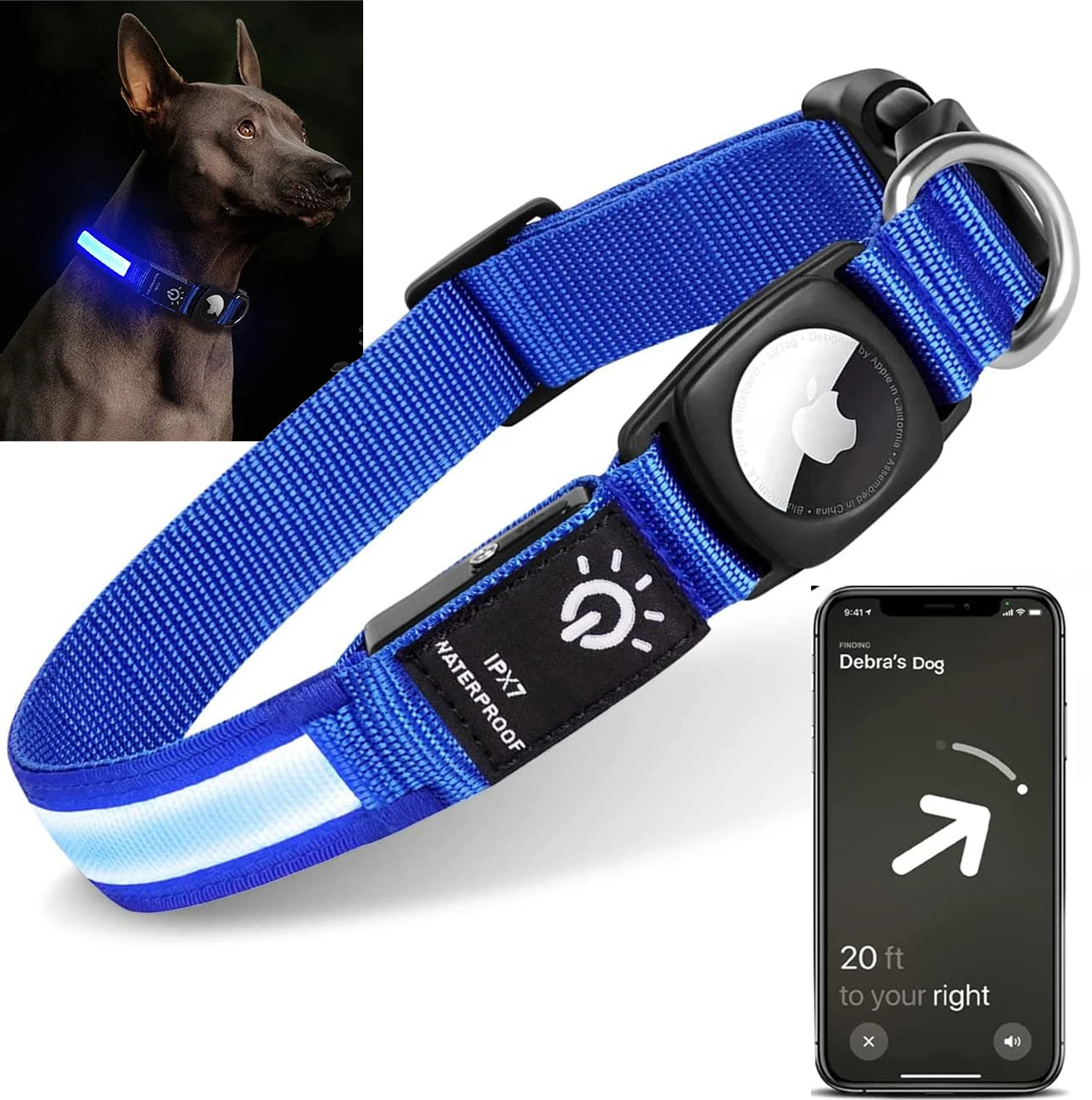 Abound AirTag Dog Collar - Waterproof LED luminous collar with Apple AirTag holder, durable nylon material, adjustable sizing for small, medium, and large dogs, USB rechargeable for 12-hour glow, perfect for GPS tracking and nighttime safety.