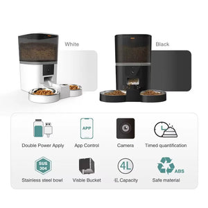 4L Smart Automatic Dog Feeder with camera, remote feeding control, customizable meal portions, and 4-liter capacity for small dogs and cats.