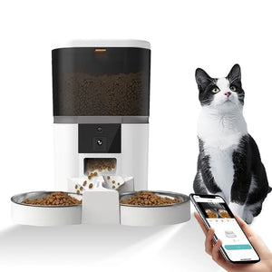 4L Smart Automatic Dog Feeder with camera, remote feeding control, customizable meal portions, and 4-liter capacity for small dogs and cats.