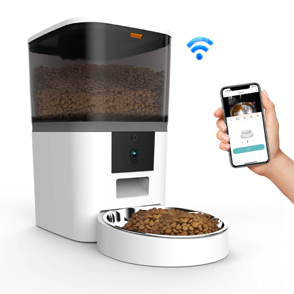 4L Smart Automatic Dog Feeder with camera, remote feeding control, customizable meal portions, and 4-liter capacity for small dogs and cats.