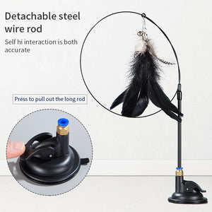 Interactive cat feather toy with suction cup base, featuring a durable feather wand that mimics bird movements, providing hands-free play for kittens and adult cats. Perfect for stimulating your cat's natural hunting instincts and keeping them active.