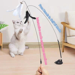 Interactive cat feather toy with suction cup base, featuring a durable feather wand that mimics bird movements, providing hands-free play for kittens and adult cats. Perfect for stimulating your cat's natural hunting instincts and keeping them active.