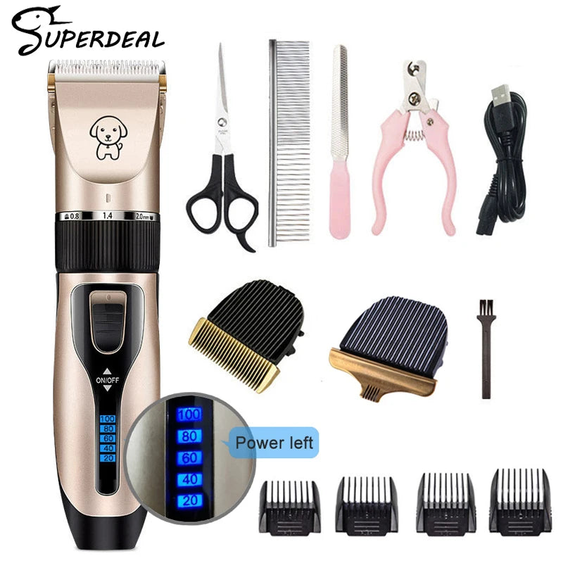 RikiSky Professional Dog Grooming Kit - Rechargeable Dog Hair Trimmer Set with Scissors, Comb, Guard Attachments for Home Pet Grooming - Quiet, Cordless Clippers for All Pet Coats and Sizes - Perfect Dog and Cat Grooming Kit