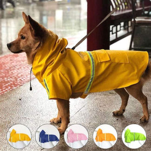 Reflective waterproof dog raincoat for small, medium, and large dogs; provides full-body rain protection with adjustable fit, leash access hole, and reflective strips for enhanced visibility in low-light conditions. Durable, lightweight, and designed to keep your pet dry and comfortable during rainy walks.