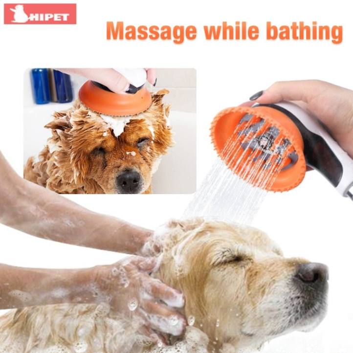 Multi-functional dog shower head with built-in silicone scrub brush for deep cleaning, made from eco-friendly ABS plastic and soft silicone. Designed for easy, stress-free pet bathing with on/off water control. Ideal for indoor and outdoor use, compatible with standard showers and garden hoses, perfect for dogs of all sizes and breeds.