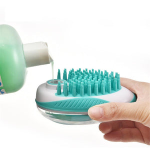 Dog Wash Brush with Soap Dispenser – ergonomic grooming tool for pet baths with built-in shampoo dispenser, soft silicone bristles for gentle cleaning, ideal for dogs of all sizes and breeds. Promotes healthy skin and shiny coat by removing dirt, debris, and excess oils. Durable, pet-safe materials ensure a stress-free and enjoyable bath time experience.