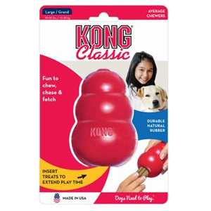 KONG Classic Dog Toy in natural rubber, perfect for teething, chewing, and treat-dispensing. Available in sizes XS-XXL for all dog breeds. Durable and trusted by pet parents and veterinarians. #KongClassicDogToy #DogChewToy #TeethingToy