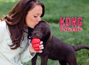 KONG Classic Dog Toy in natural rubber, perfect for teething, chewing, and treat-dispensing. Available in sizes XS-XXL for all dog breeds. Durable and trusted by pet parents and veterinarians. #KongClassicDogToy #DogChewToy #TeethingToy