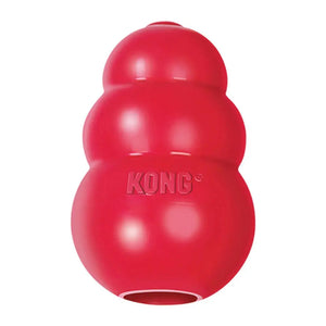 KONG Classic Dog Toy in natural rubber, perfect for teething, chewing, and treat-dispensing. Available in sizes XS-XXL for all dog breeds. Durable and trusted by pet parents and veterinarians. #KongClassicDogToy #DogChewToy #TeethingToy