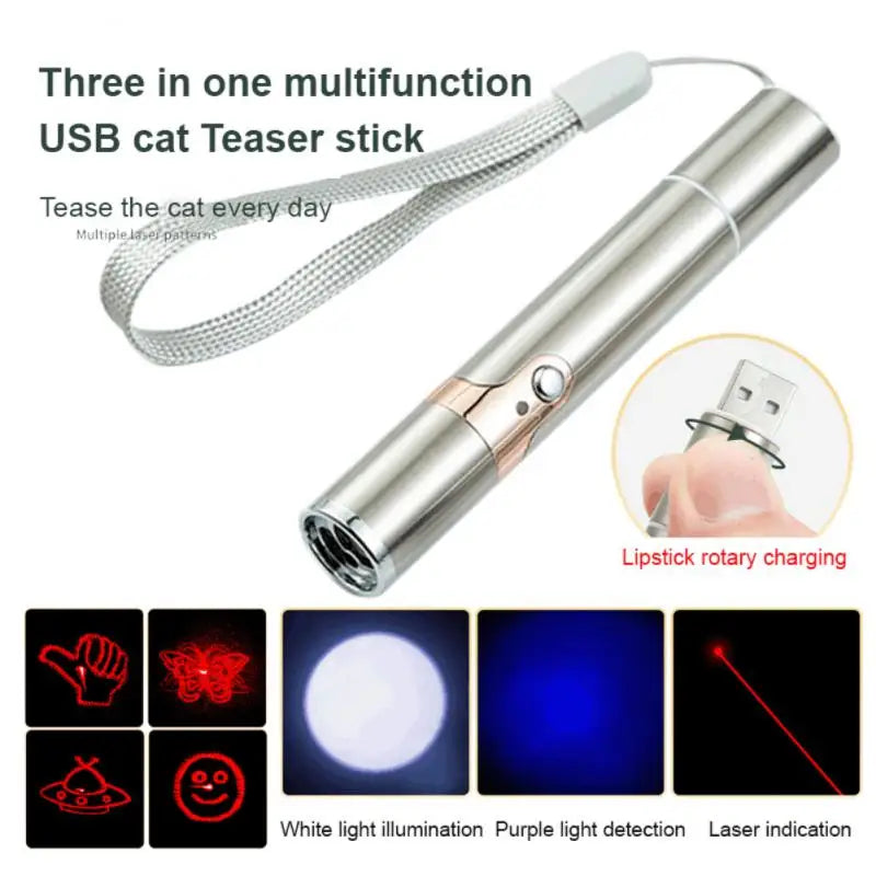 USB Rechargeable Laser Pointer for Cats - 3-in-1 Interactive Cat Toy with Red Laser, UV Light, and LED Flashlight | Abound Pet Supplies - Multi-functional laser pointer for cats, designed to engage hunting instincts, detect pet stains, and provide practical flashlight use. Ideal for keeping cats active and entertained indoors and outdoors.