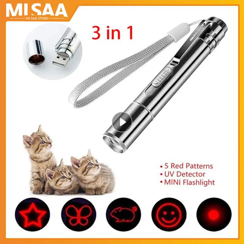 USB rechargeable 3-in-1 laser pointer for cats featuring a red laser, UV light, and LED flashlight. Perfect for interactive play, stain detection, and everyday use. Durable and portable cat toy for indoor and outdoor fun.