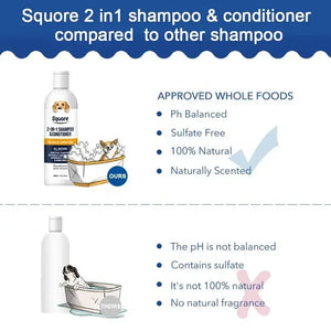 Squore 2-in-1 Natural Dog Shampoo & Conditioner – pH-balanced, sulfate-free, and 100% plant-based moisturizing dog shampoo for sensitive skin. Gently cleanses, hydrates, and deodorizes for a soft, fresh-smelling coat. Safe for dogs and cats of all breeds.