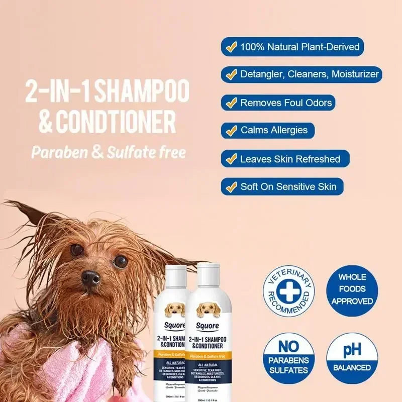 Squore 2-in-1 Natural Dog Shampoo & Conditioner – pH-balanced, sulfate-free, and 100% plant-based moisturizing dog shampoo for sensitive skin. Gently cleanses, hydrates, and deodorizes for a soft, fresh-smelling coat. Safe for dogs and cats of all breeds.