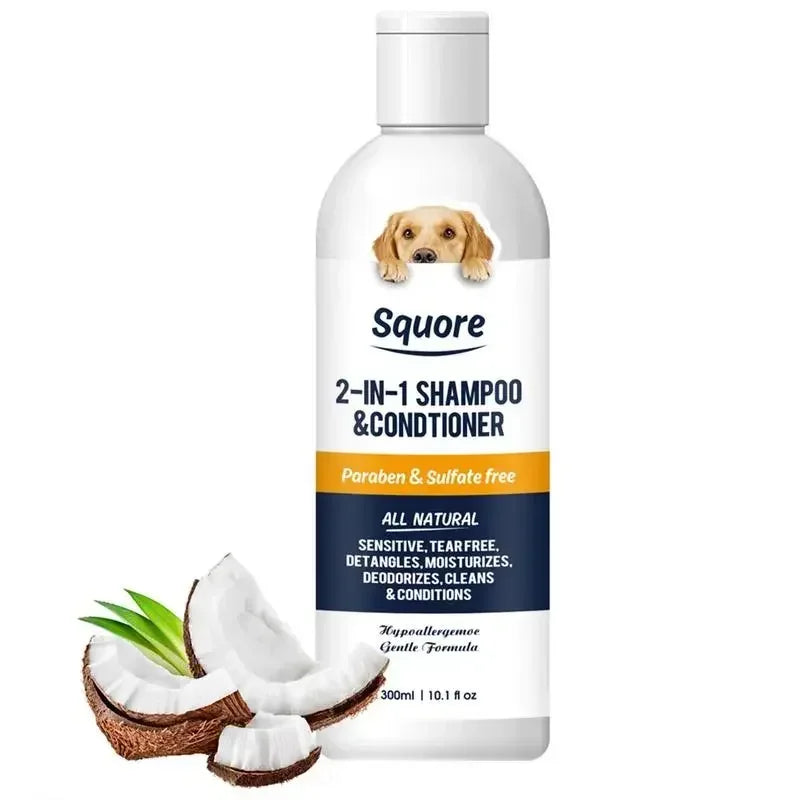 Squore 2-in-1 Natural Dog Shampoo & Conditioner – pH-balanced, sulfate-free, and 100% plant-based moisturizing dog shampoo for sensitive skin. Gently cleanses, hydrates, and deodorizes for a soft, fresh-smelling coat. Safe for dogs and cats of all breeds.