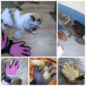 Gentle Pet Grooming Gloves for Dogs and Cats, ideal for all coat types; removes loose hair, dirt, and dander while mimicking petting sensation to keep pets calm; flexible slip-on, five-finger design for easy grooming and shedding control.