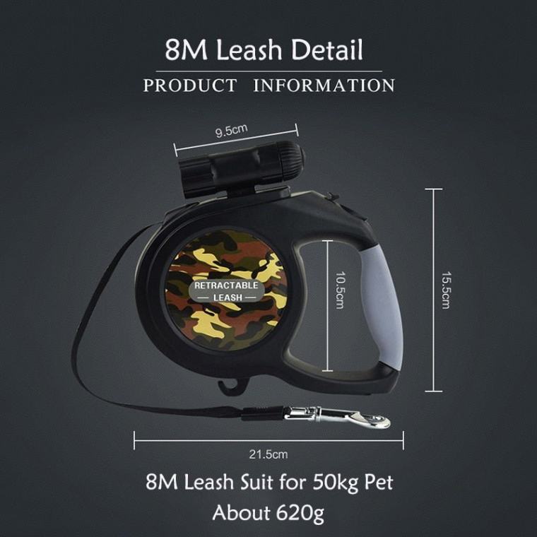 8M Retractable Dog Leash with Flashlight