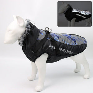 Winter Jacket for Dogs with Built-In Harness, Waterproof and Warm Dog Coat with Reflective Accents, Adjustable Straps, and Fleece-Lined Interior | Keeps dogs warm and visible during winter walks, featuring a back zipper, turtleneck design, and cozy collar for added comfort in cold weather.