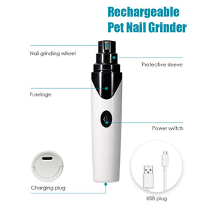 Rechargeable Pet Nail Grinder with 40W motor, quiet operation, low vibration, safe and gentle grooming for dogs and cats.